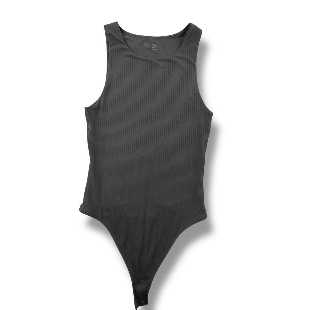Offline by Aerie Real Me Ribbed Bodysuit Olive Green XS Sleeveless High Neck
